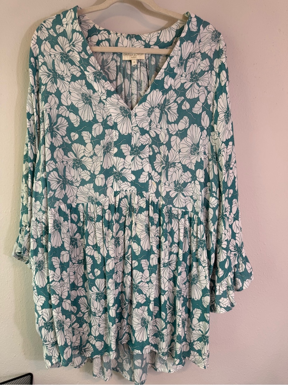 Cynthia Rowley Teal and White Floral Tunic